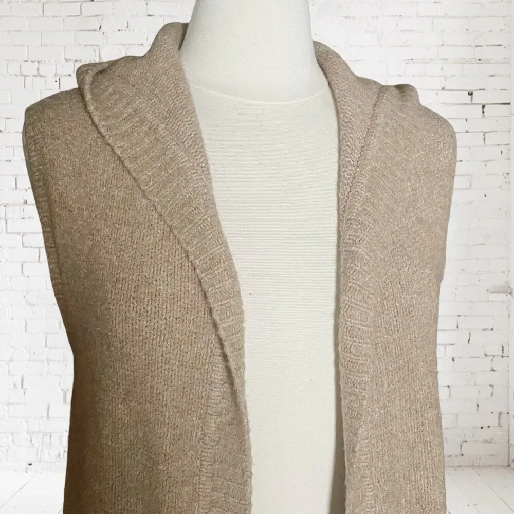 Tahari Cardigan Sweater Hoodie Vest Size M Womens Camel Tan Wool Blend Pockets‎